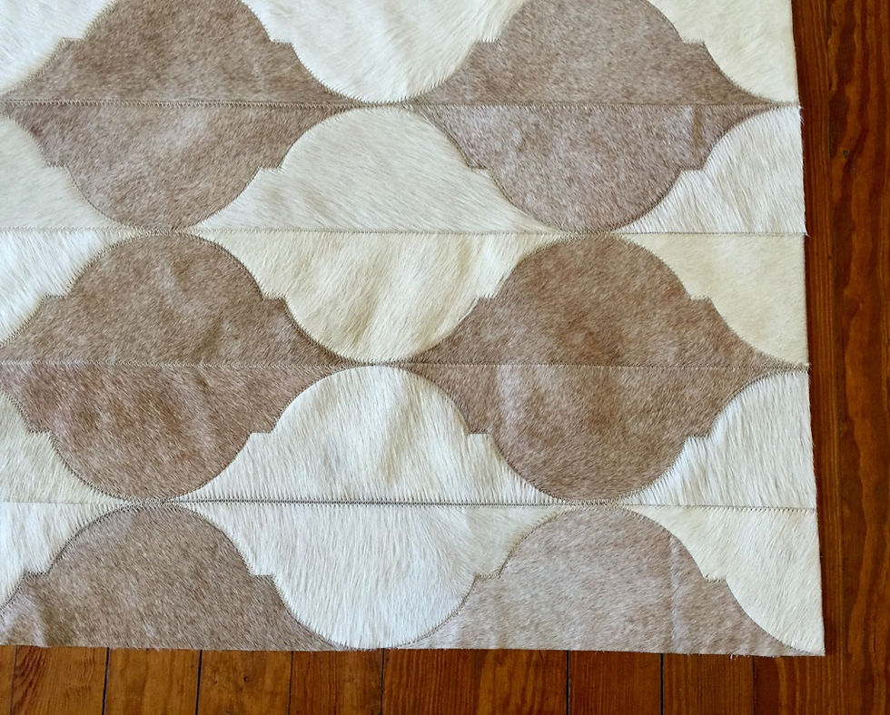Thumbnail: Miramar cowhide patchwork rug with vertical ogee teardrop pattern
