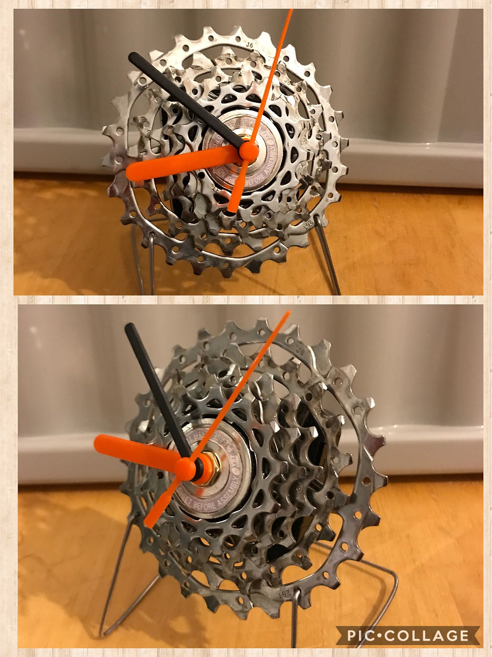 Thumbnail: Custom made bike cog desk clock on spoke stand