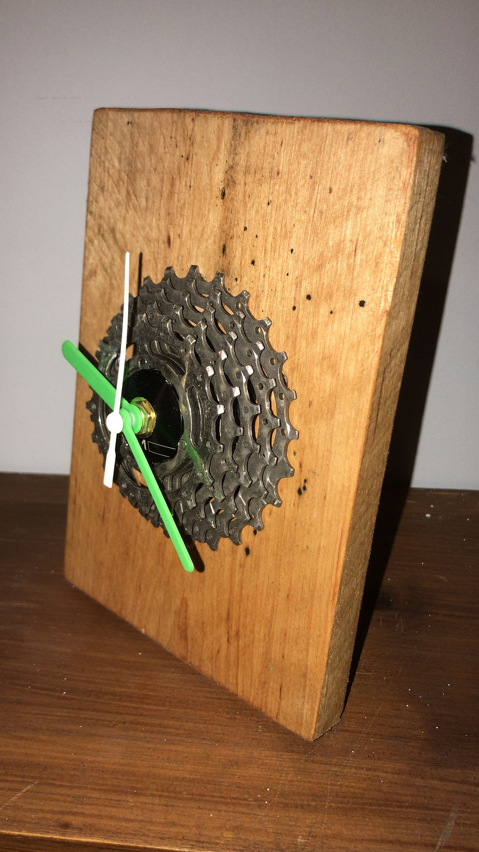Thumbnail: Custom made bike cog desk clock with square wood stand