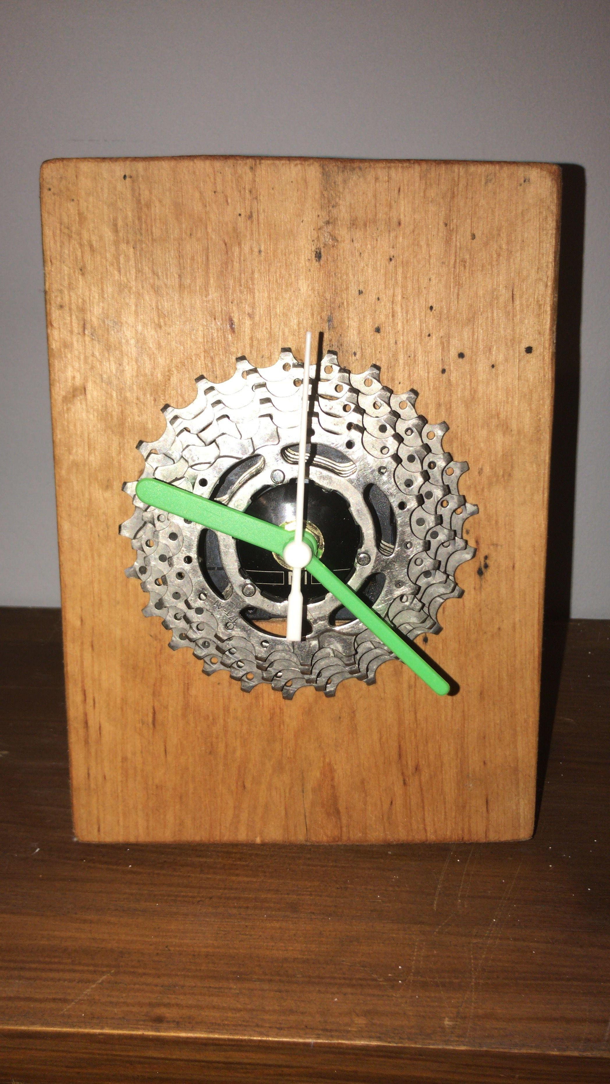 Custom made bike cog desk clock with square wood stand