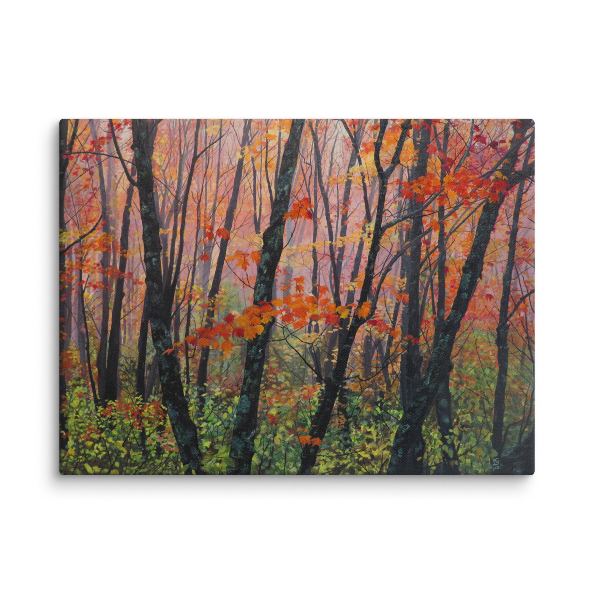 fall forest painting rosy mist among orange maple trees