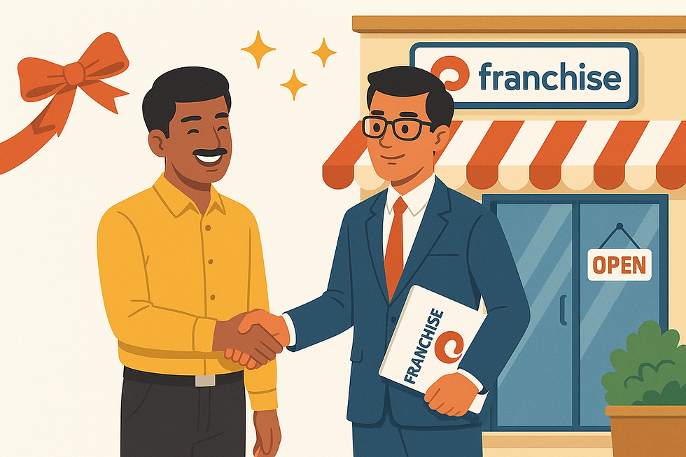 Franchise business grand opening celebration, with two individuals shaking hands in agreement, representing a new partnership.