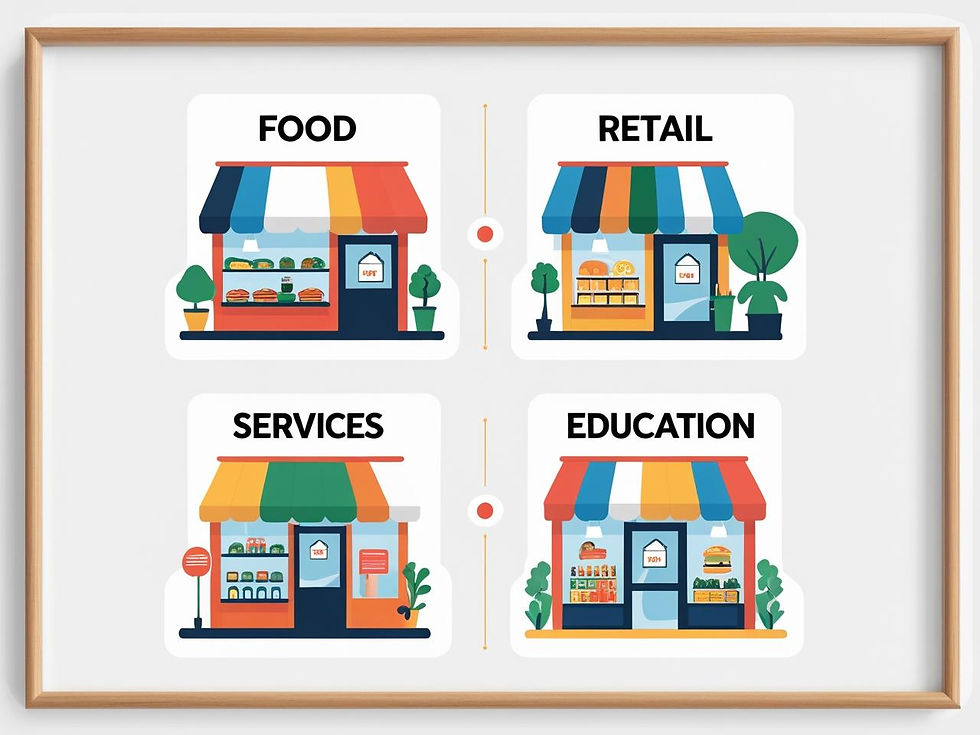 Franchise business types infographic: food franchises, retail franchises, service franchises, education franchises, with storefront graphics.