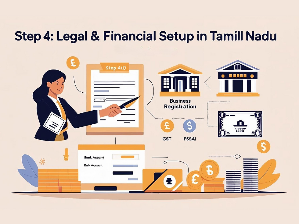Infographic detailing the process of legal and financial setup for a business in Tamil Nadu, including necessary documentation, registrations, and banking procedures.