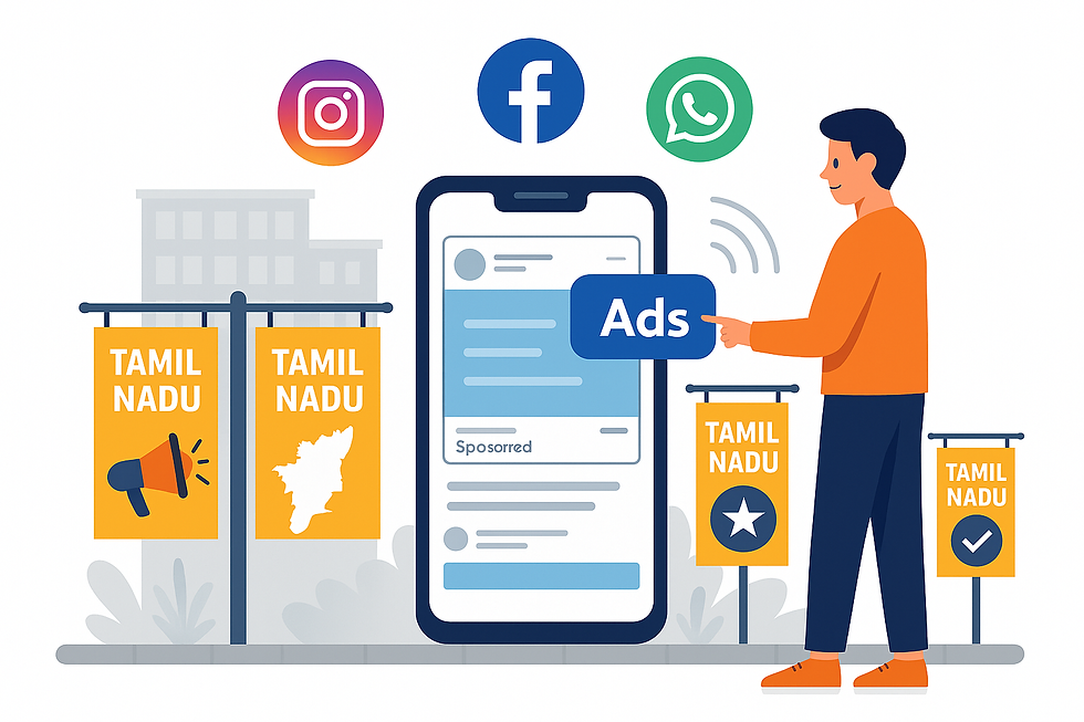 Digital marketing and advertising strategy for Tamil Nadu, illustrating mobile ad campaigns across social media platforms like Instagram, Facebook, and WhatsApp.