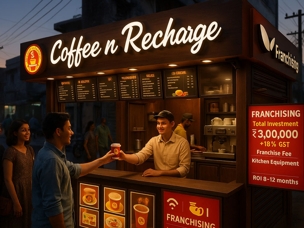 Low investment coffee franchise setup cost and ROI chart for Coffee n Recharge franchise opportunity in India