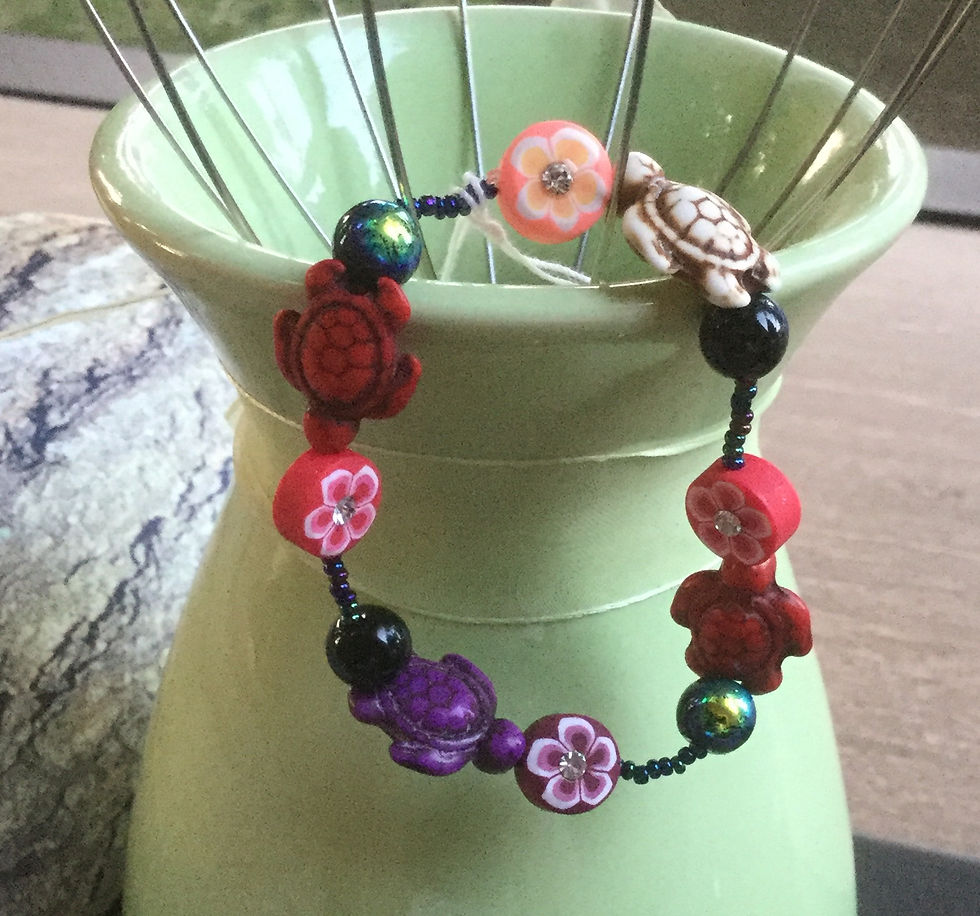 E9 colorful reconstituted stone turtles and lentil flowers single strand with black beads