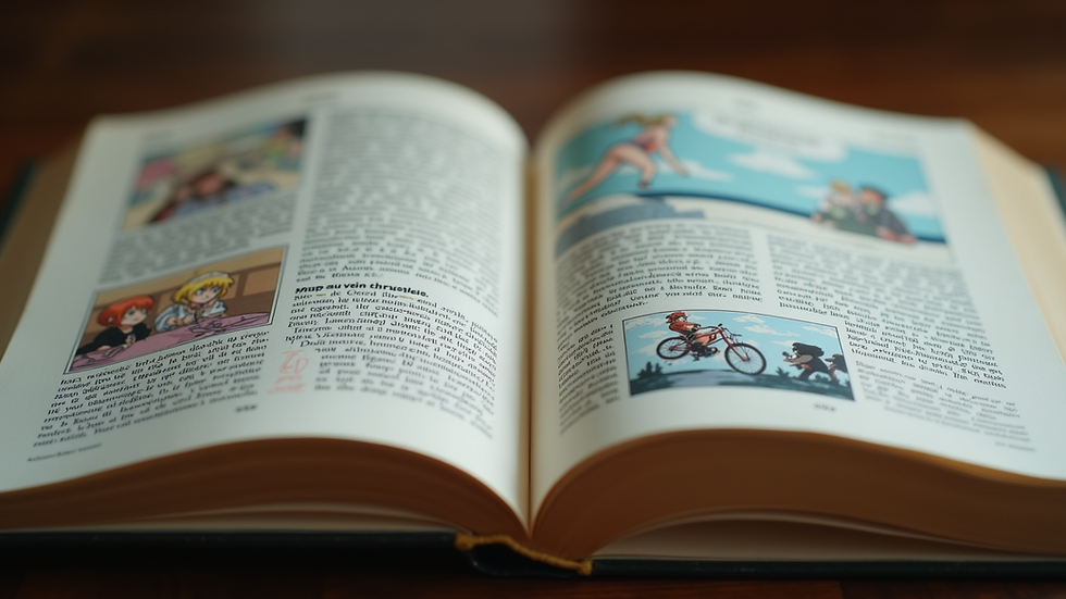 Vue d'un livre ouvert avec des illustrations de manga colorées