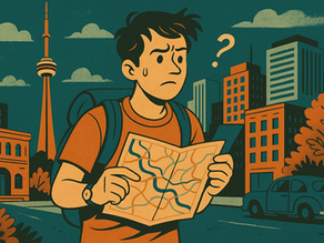 A frustrated tourist lost, holding a map