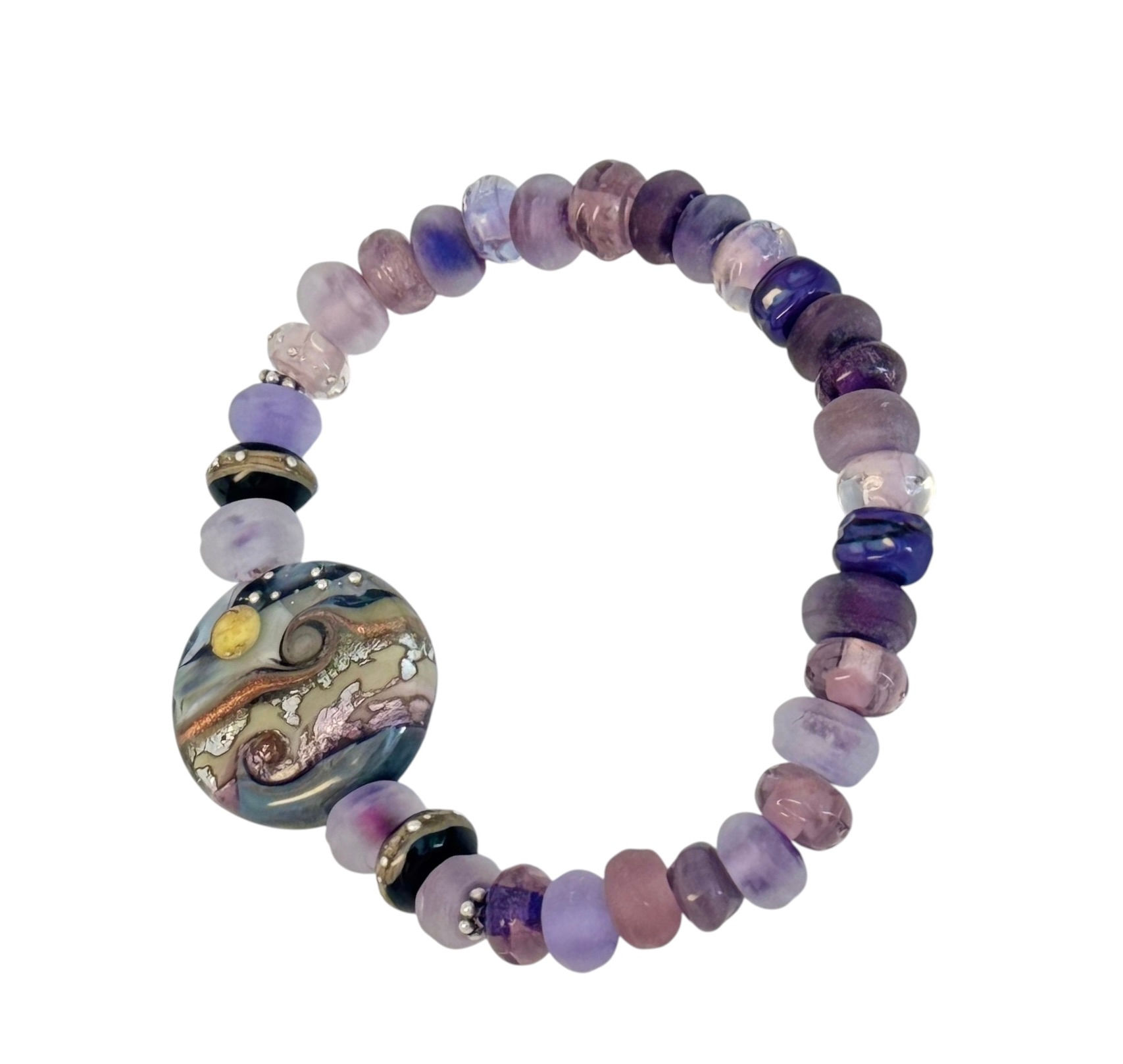 Lampwork bead bracelet on a white background