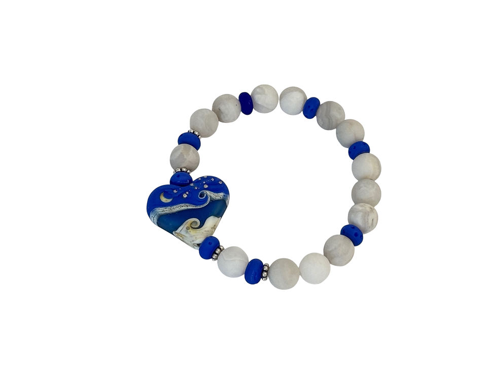 Thumbnail: white gemstone and blue lampwork heart bracelet on a white background