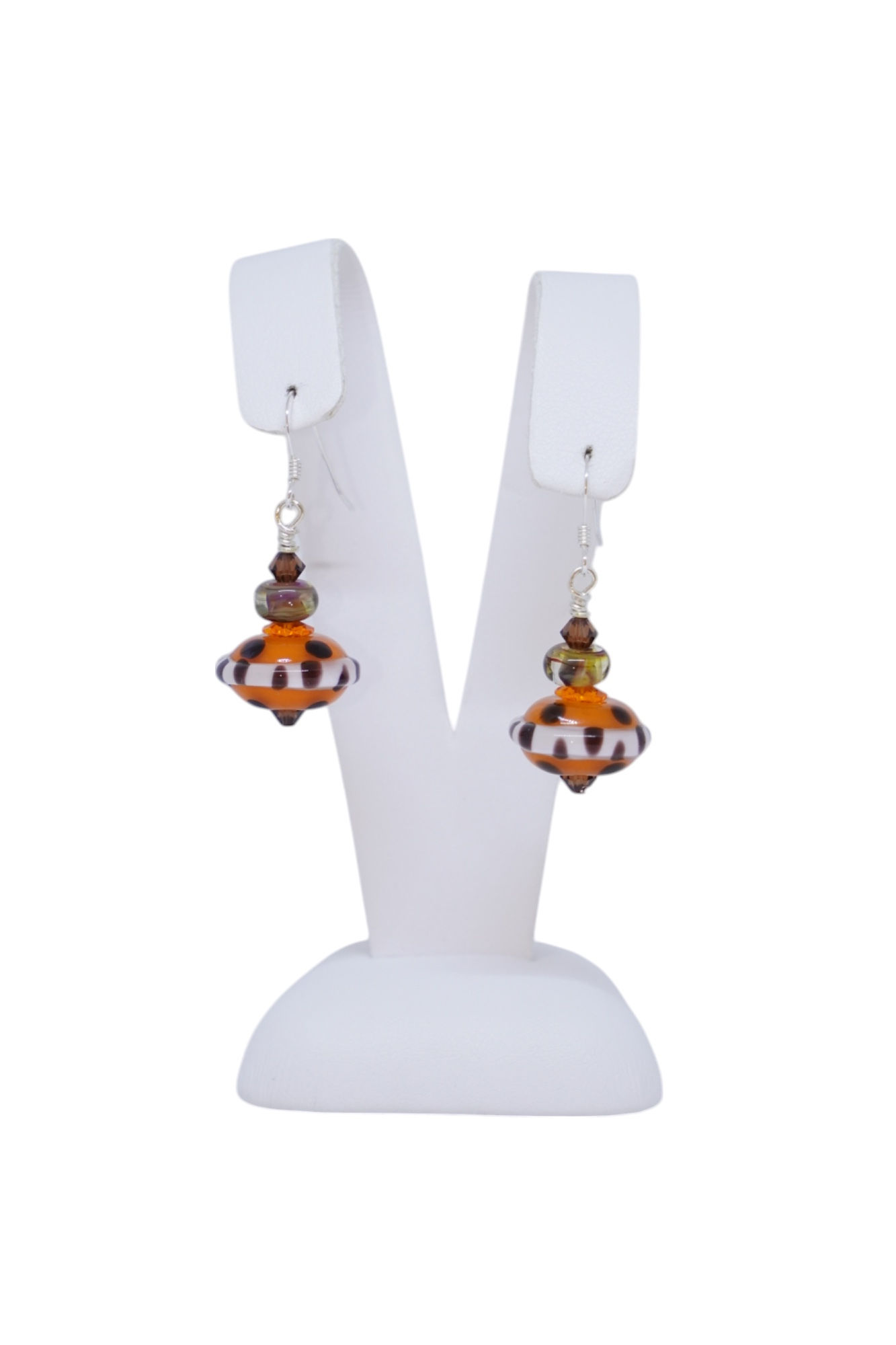 Lampwork bead earrings on earring display