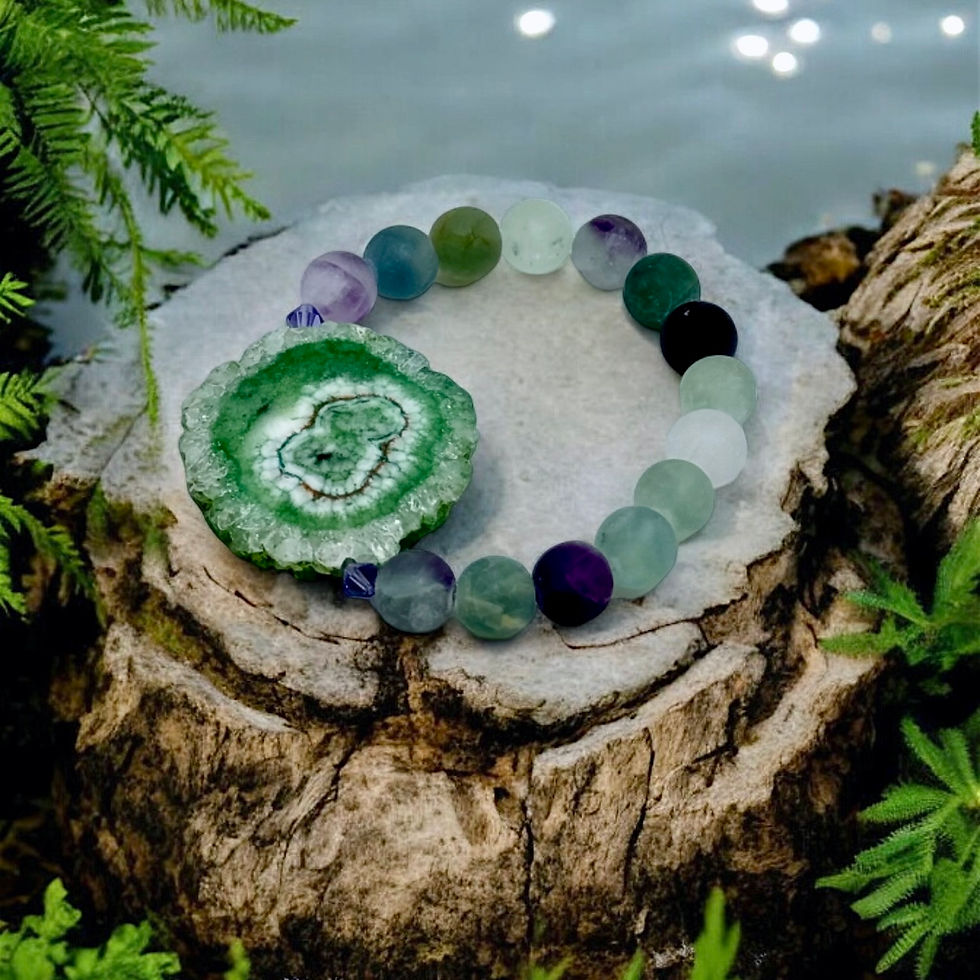 Thumbnail: gemstone bracelet resting on a tree stump