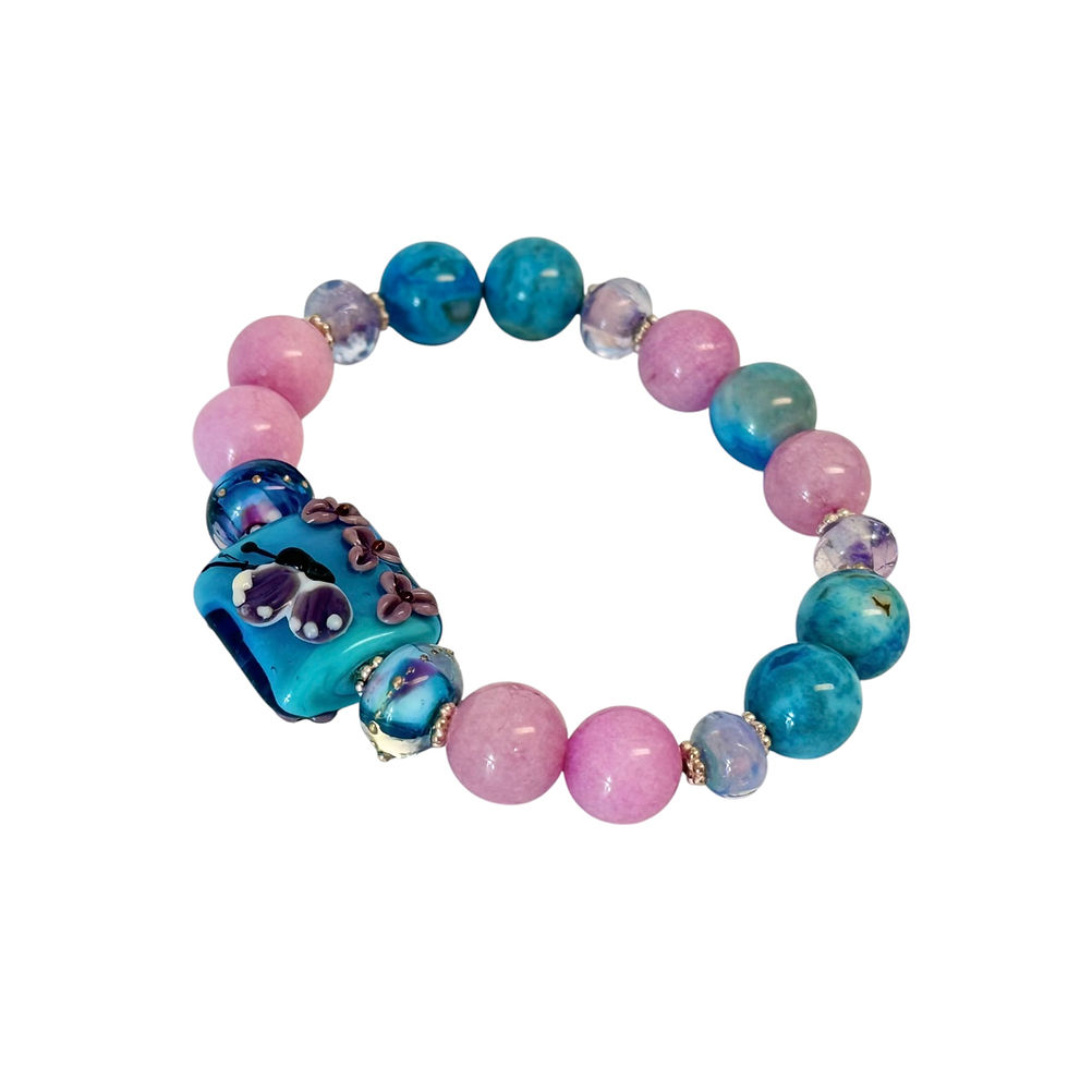 Gemstone and Lampwork beaded bracelet laying flat