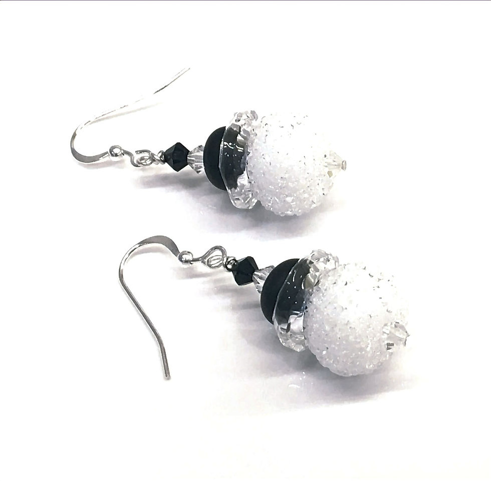 Thumbnail: Iceberg Black and White Lampwork Beaded Earrings, Elegant Glass Dangle Earrings