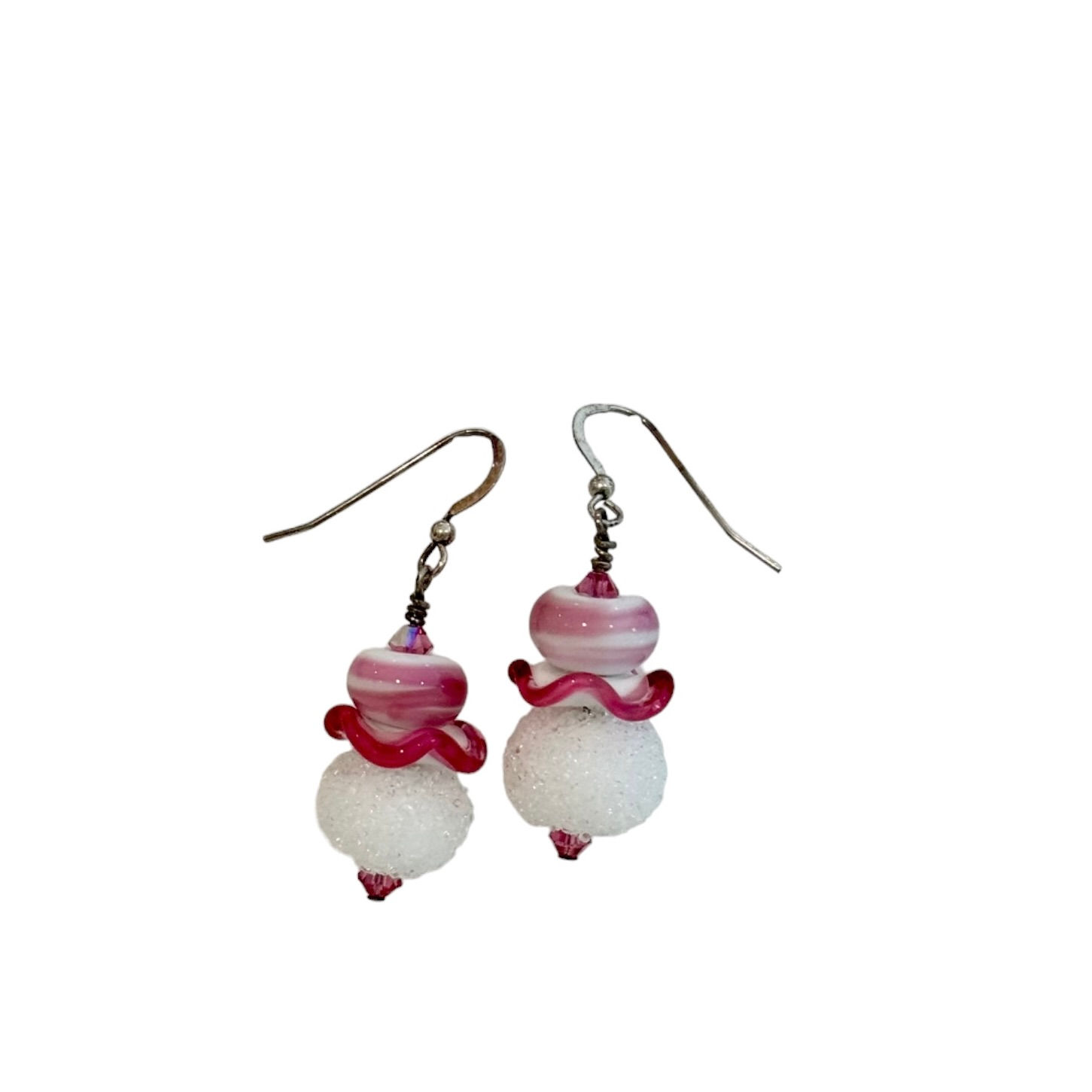 White and pink lampwork beaded earrings