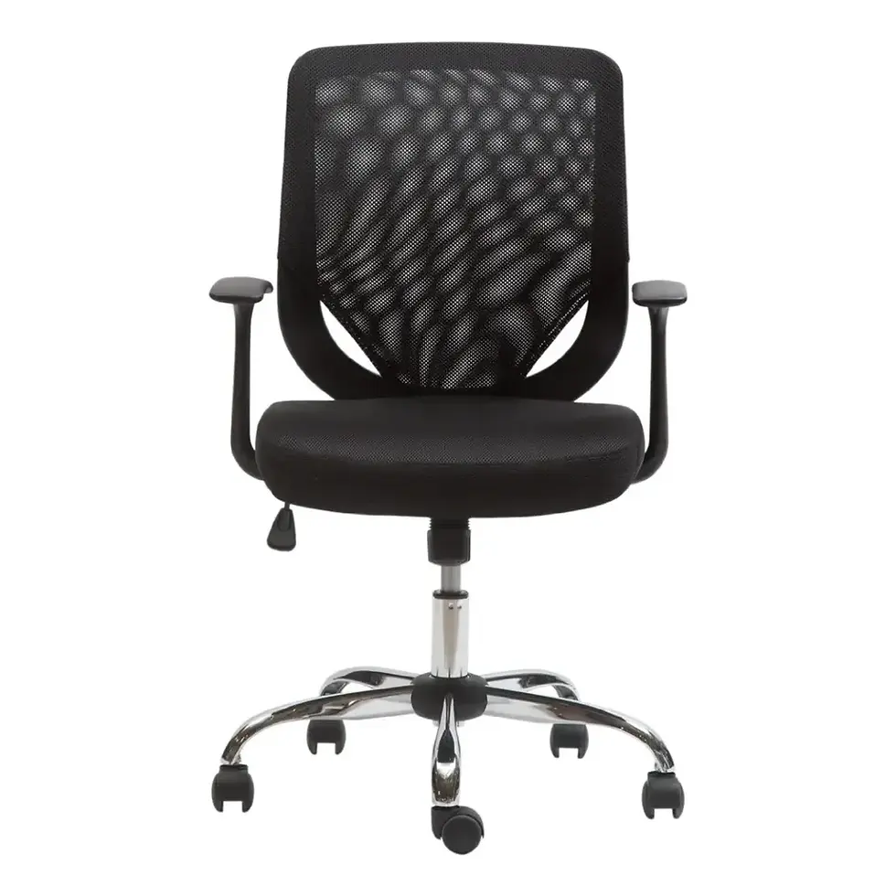 Silla de oficina Vesta negra con respaldo de malla, apoyabrazos fijos y base cromada, vista frontal.