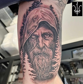 Incredible realistic viking tattoo black and grey realism bristol tattoo. Foxy Ink Tattoo Studio Bristol.