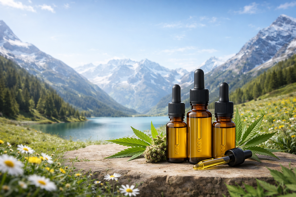 Premium CBD Öl aus der Schweiz mit Hanfpflanze und Alpenlandschaft im Hintergrund