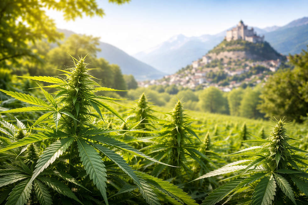 CBD Shop Sion Schweiz – Hanfpflanzenfeld mit Blick auf Sion im Wallis