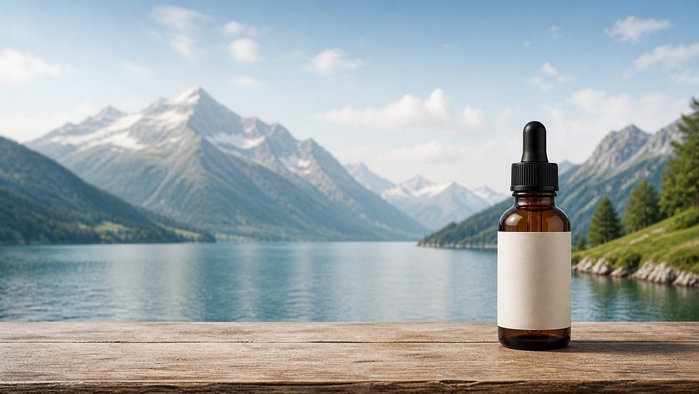 CBD online kaufen Schweiz – neutrale Glasflasche vor Schweizer Alpenlandschaft