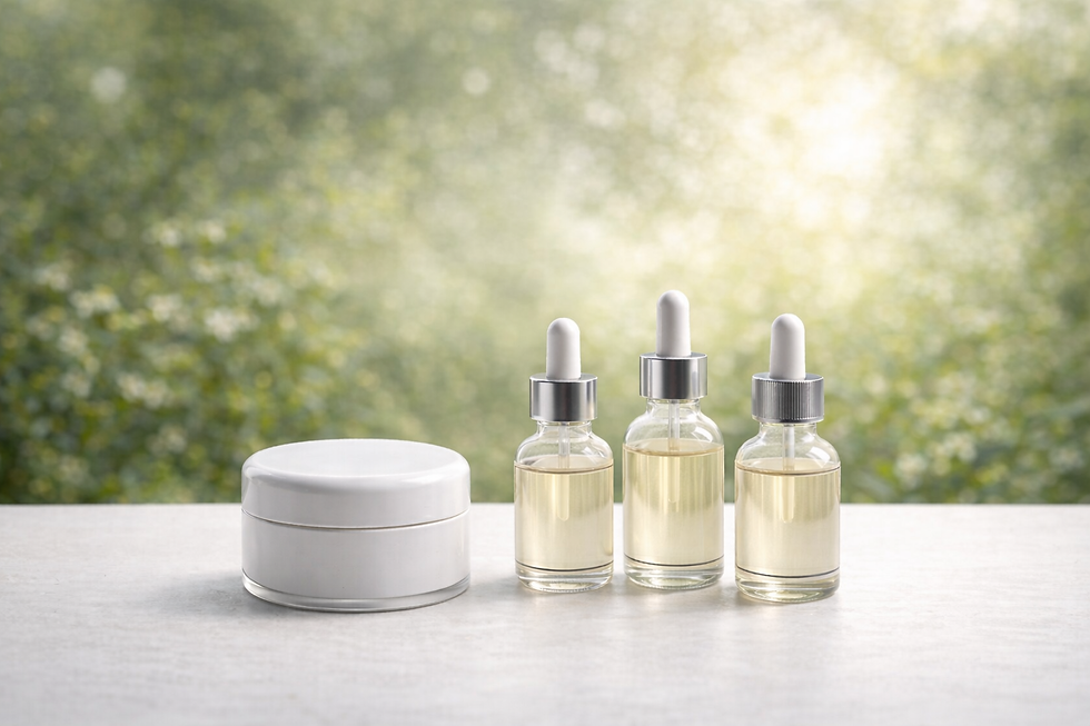 Neutrale CBD Pflegeprodukte in Glasflaschen und Creme-Tiegel auf hellem Hintergrund