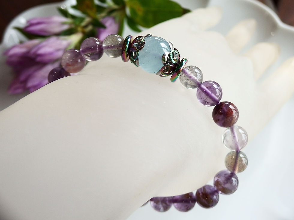 カコクセナイトinアメジスト8mmとブルートパーズ12mm、ラブラドライト