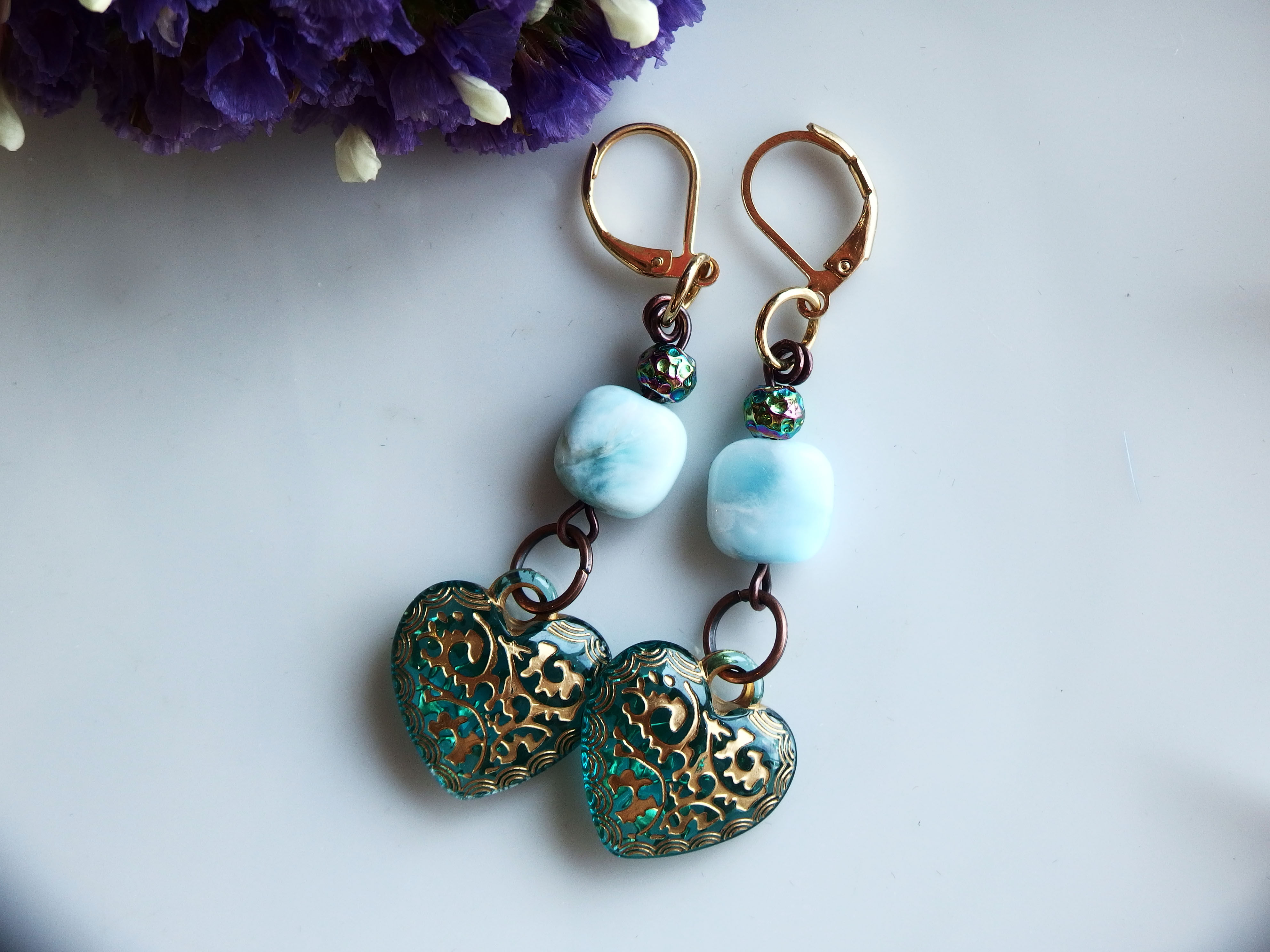 ラリマー(スクエア)& Heart motif beads ピアス