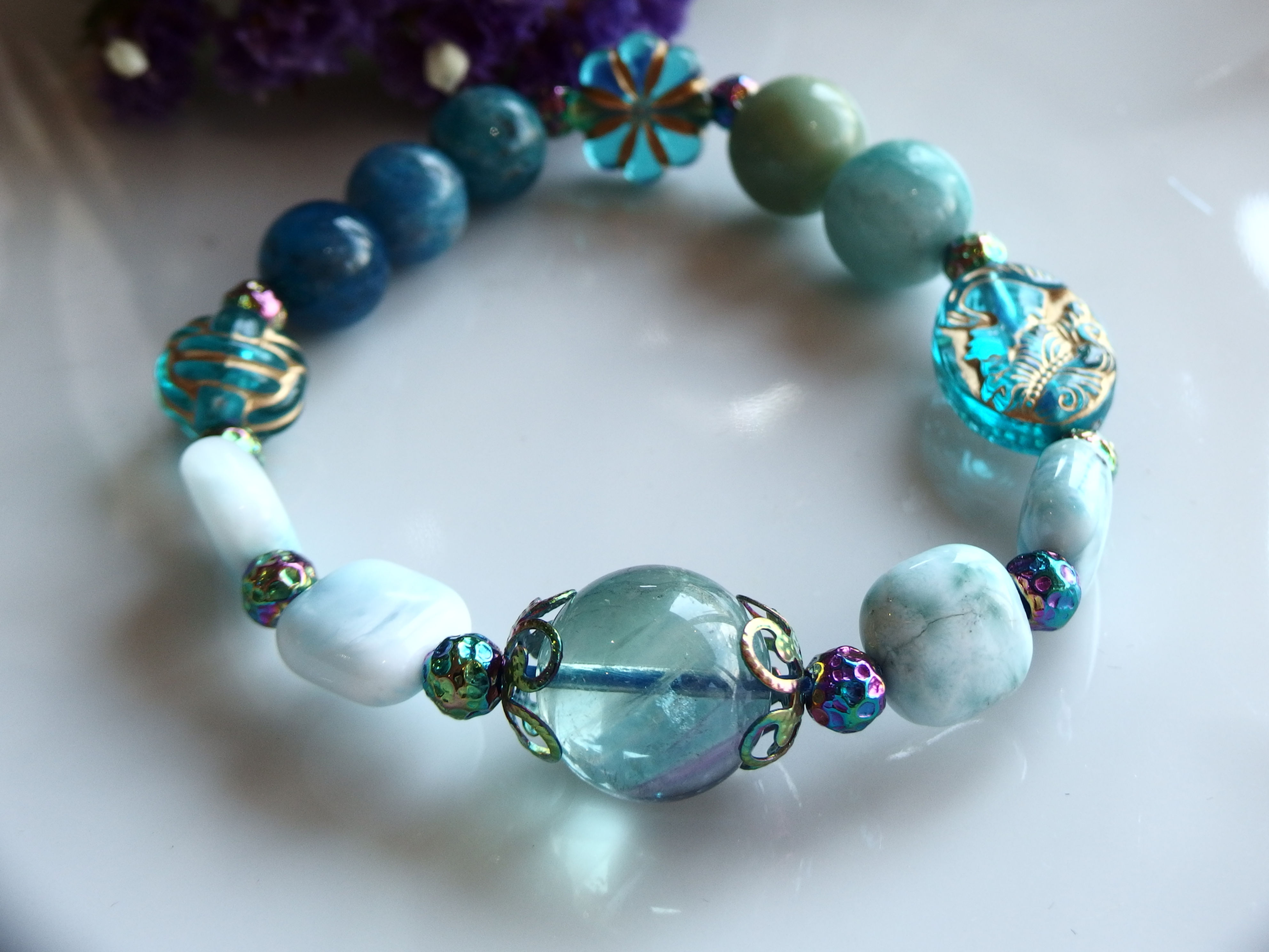 ラリマー(スクエア)とアパタイト10mm、アマゾナイト12mmを添えて ③