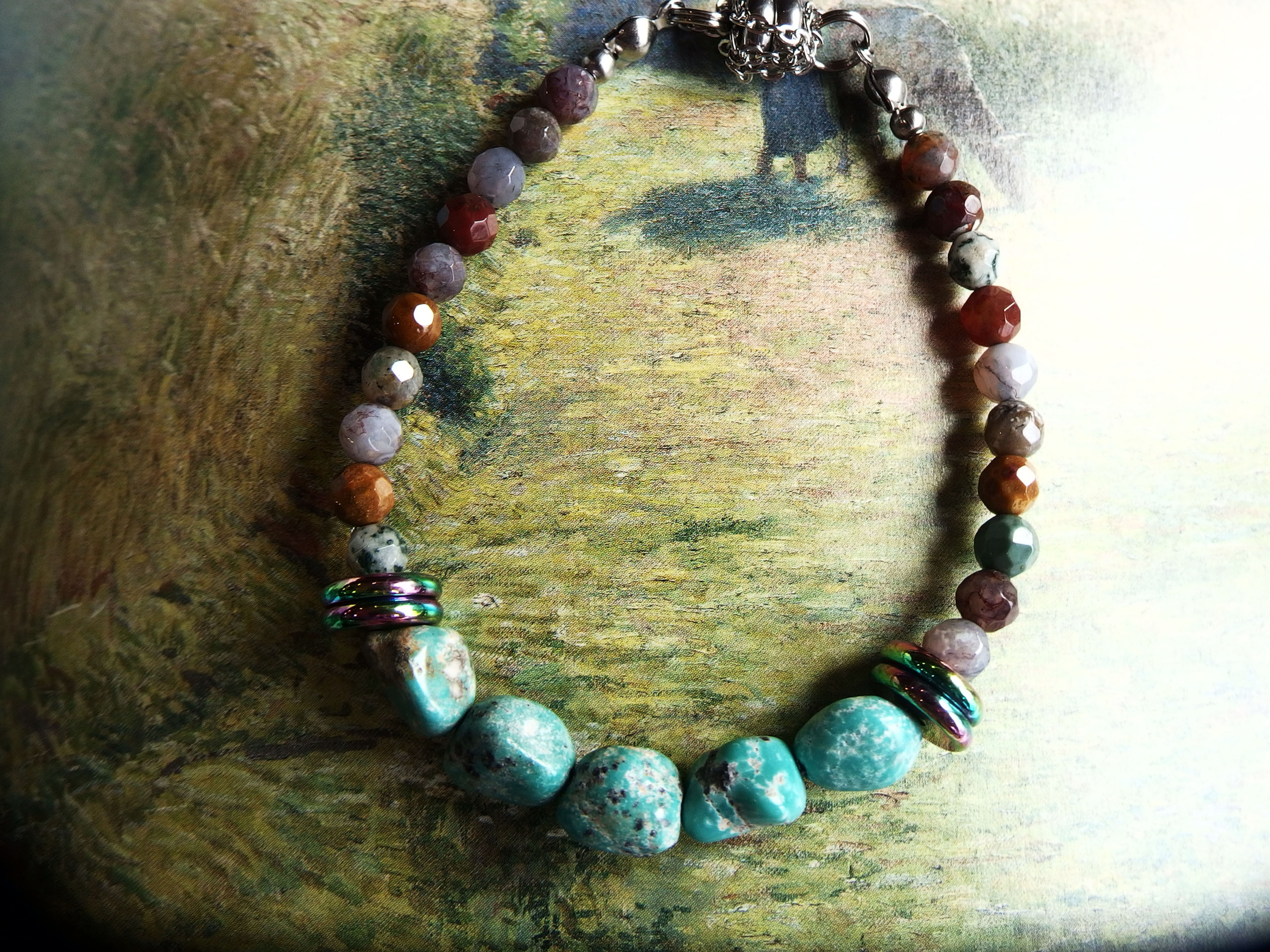 ターコイズ(ナゲット型)とインディアアゲート5mm 【マグネットブレスレット】