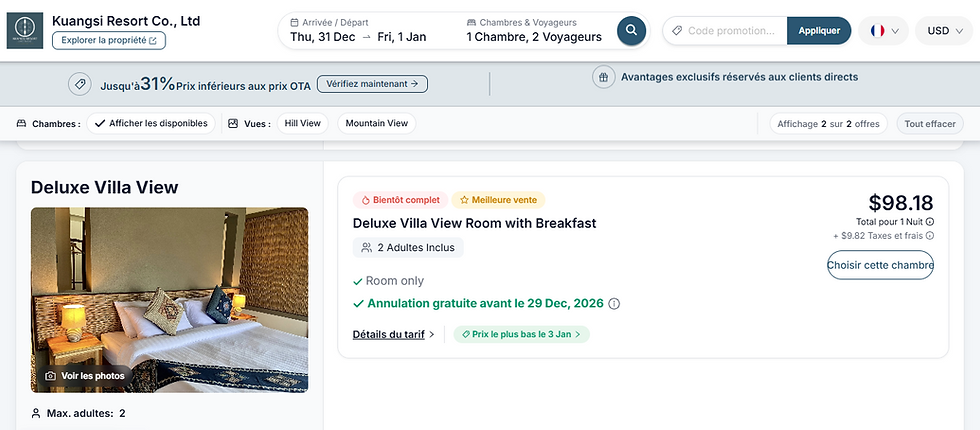 KuangSi Resort direct booking page showing Deluxe Villa View availability and rates near K