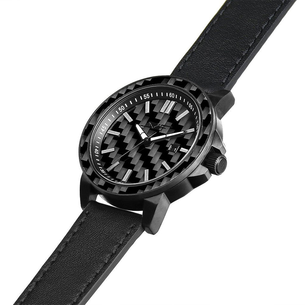 Black wristwatch with carbon fiber face and leather strap