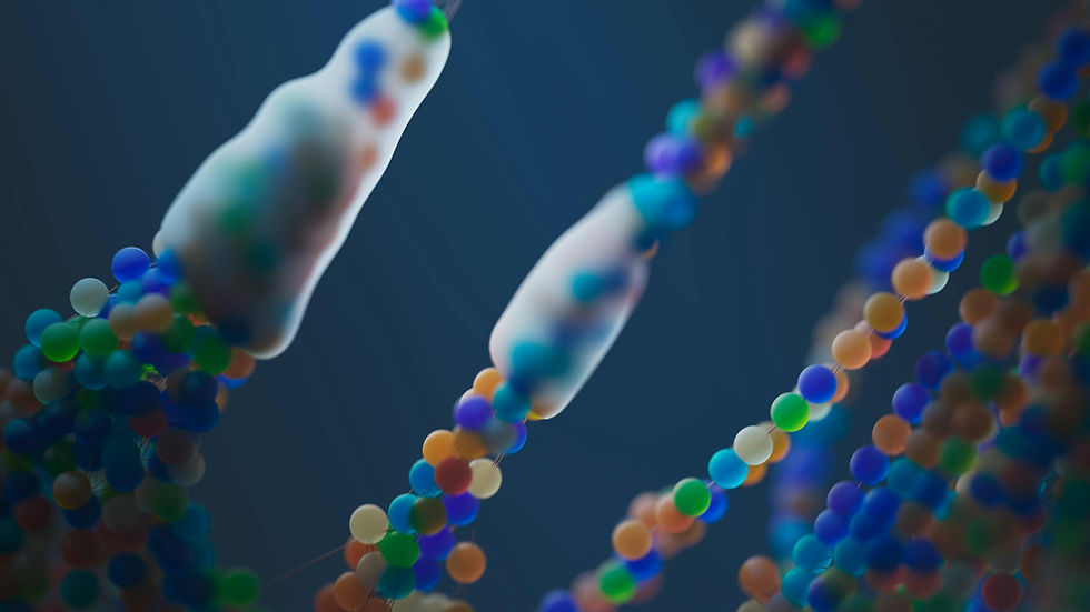 Abstract image of colorful spheres and blurred shapes resembling DNA strands against a dark blue gradient background, creating a vibrant effect.