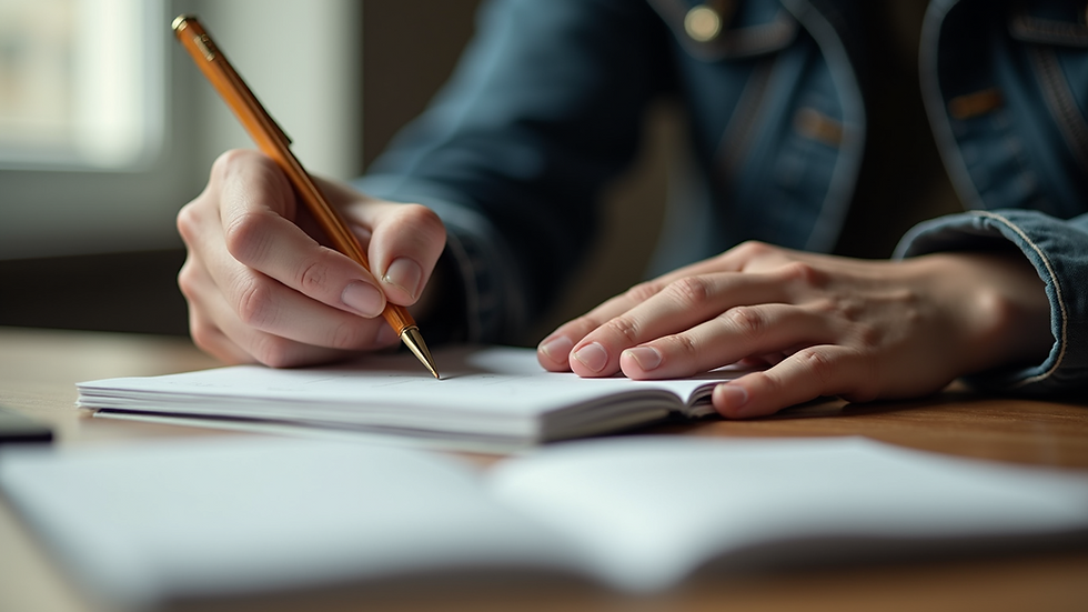 Eye-level view of a person writing notes in a notebook