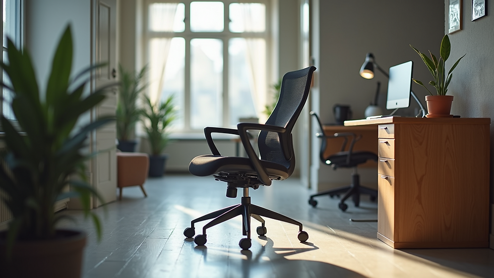 Close-up of an office chair in a well-designed workspace