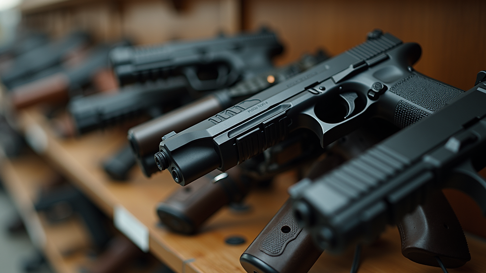 Eye-level view of a selection of handguns on display