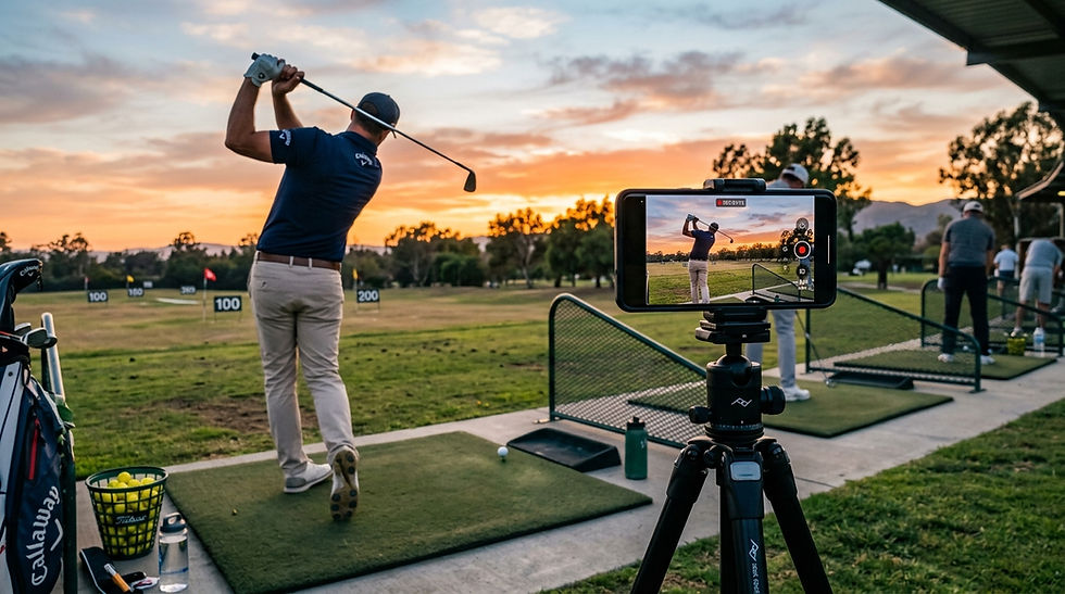 a smartphone on a stand filming a golf player at the range