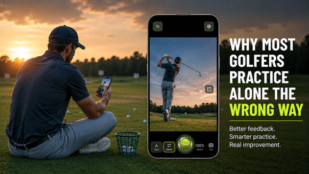 Golfer sits on a driving range at sunset locking at his swing on a phone; ad text says Why most golfers practice alone the wrong way