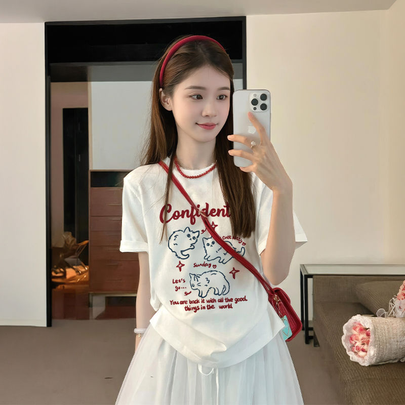 Summer New Styles Cute Cat Print Crew Neck Women's T-Shirts Breathable Fashion S