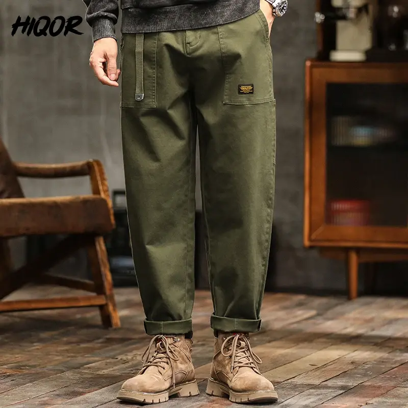 HIQOR Men's Loose Profile Pants American Vintage Trousers For Men High Waist Arm