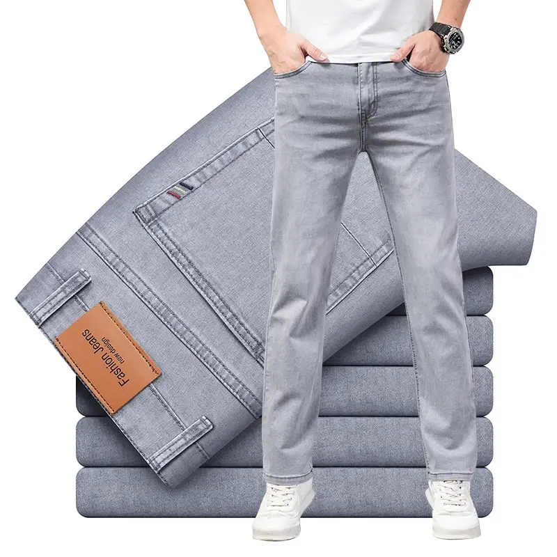 Summer Thin Men's Elastic Cotton Jeans Fashion Gray Comfortable Business Straigh