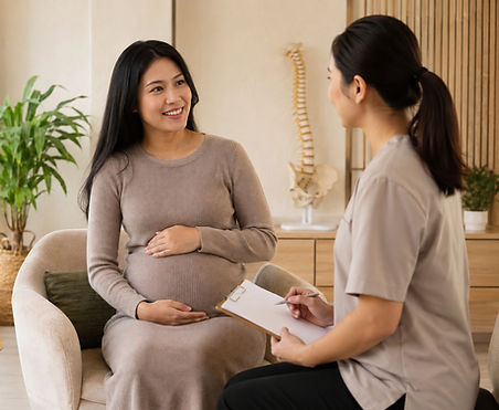 chiropractor is giving pregnancy mother explanation