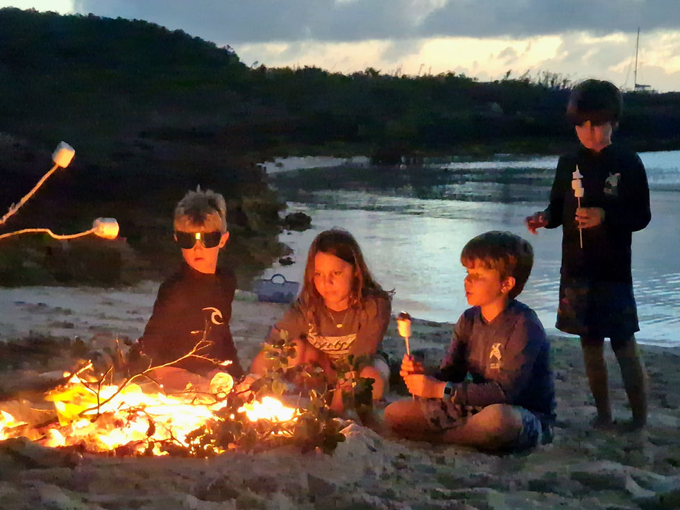 kids sitting next to a bon fire at the beach
