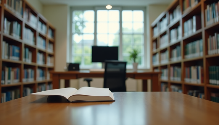 Eye-level view of a university library front desk with books and computer