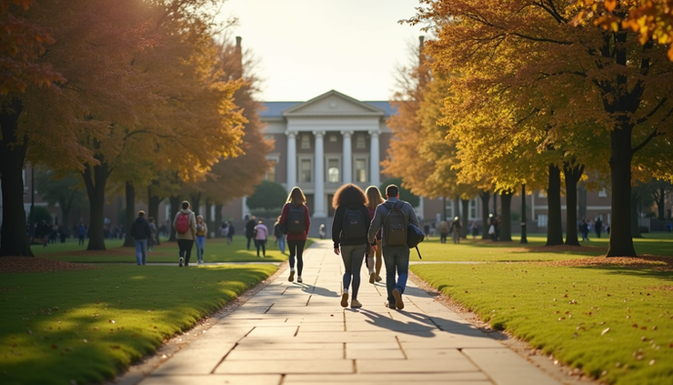 Eye-level view of a university campus building with students walking on pathways