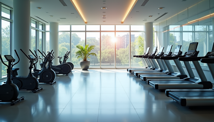 High angle view of a university fitness centre with exercise machines