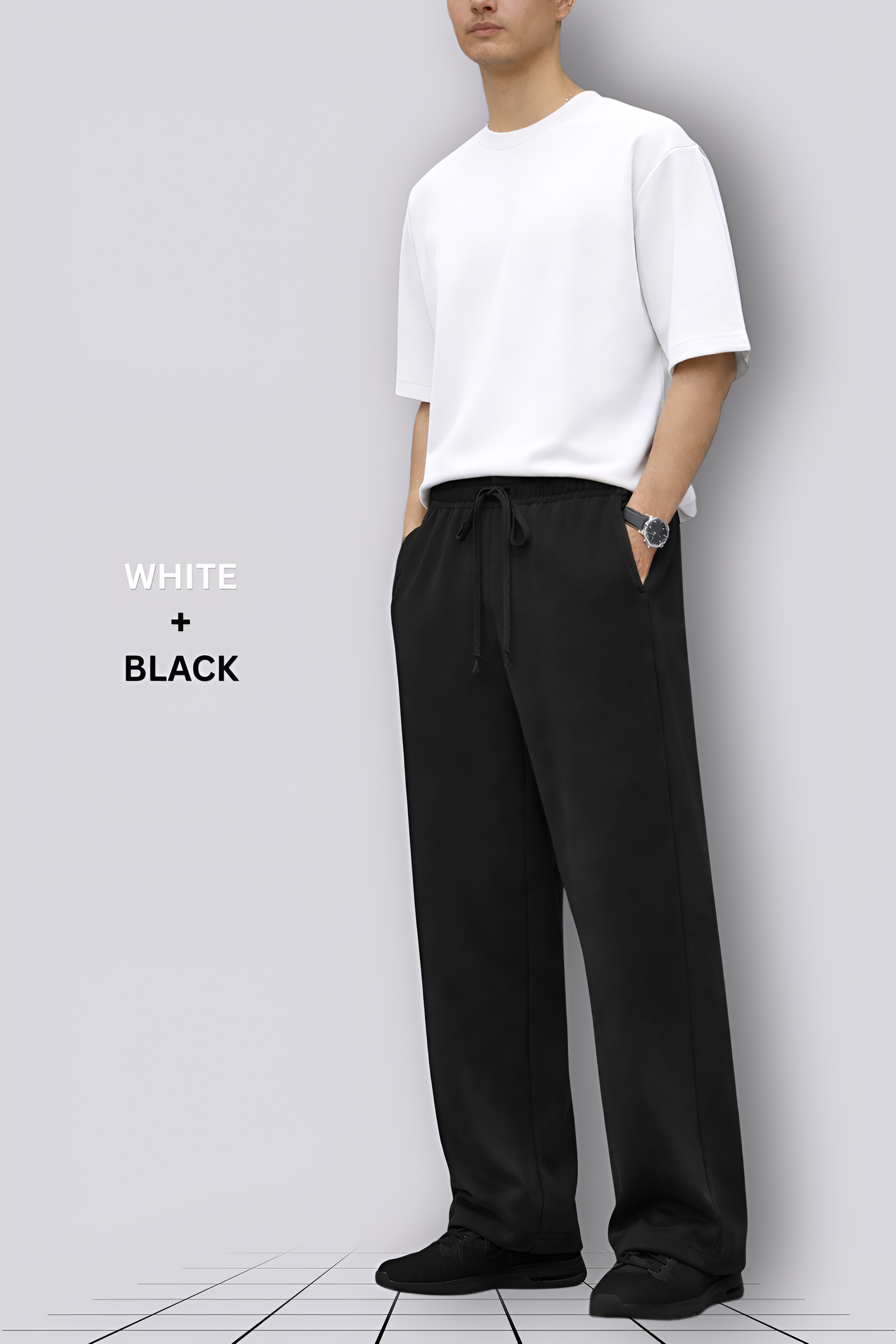 White Oversized T-Shirt + Black Wide-Leg Sweatpants