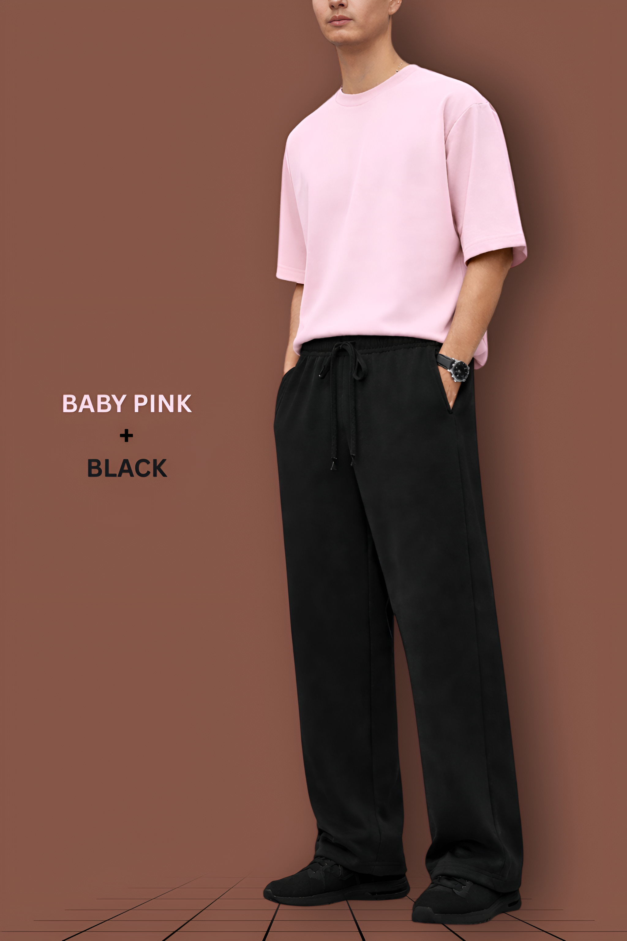 Baby Pink Oversized T-Shirt + Black Wide-Leg Sweatpants