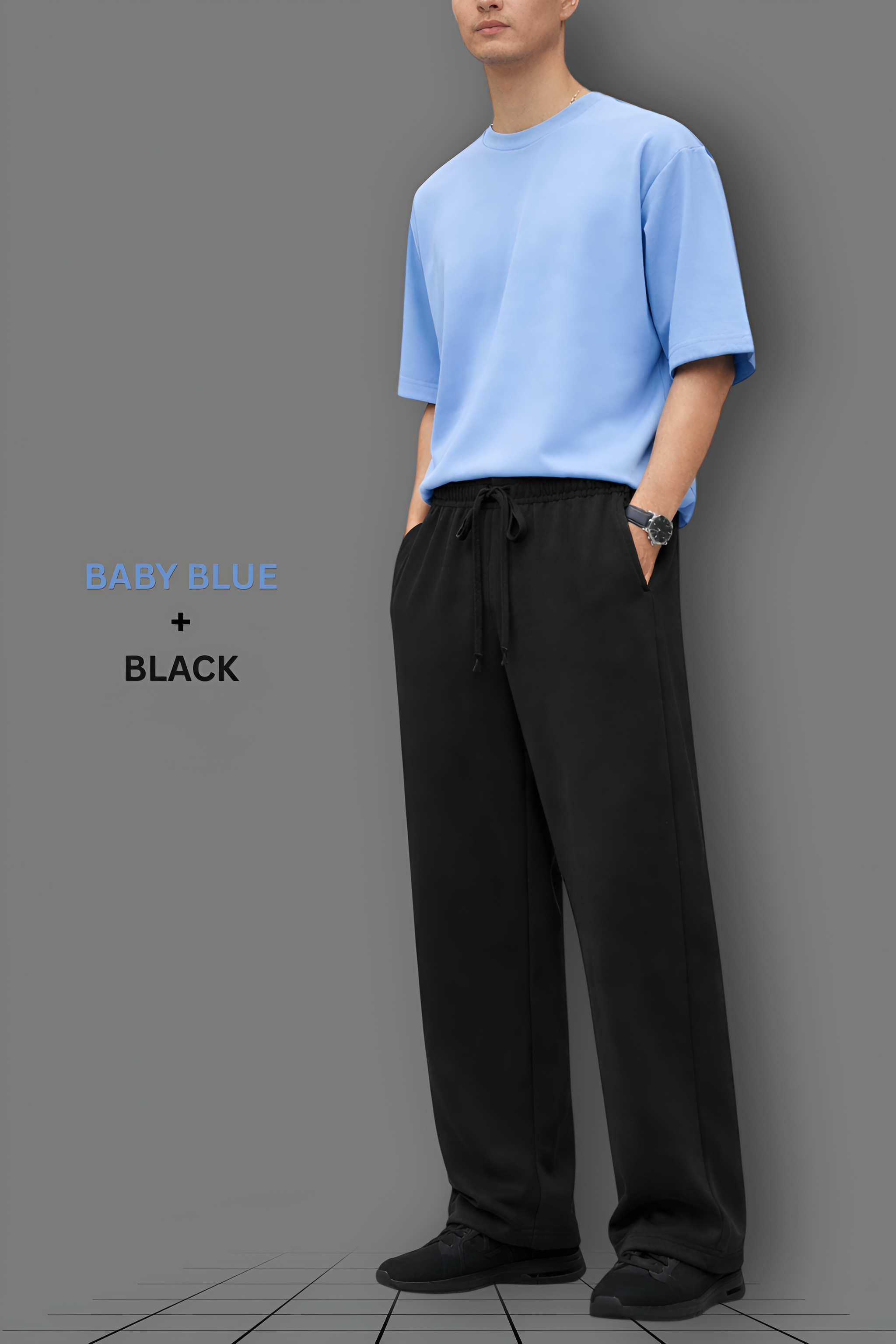 Baby Blue Oversized T-Shirt + Black Wide-Leg Sweatpants