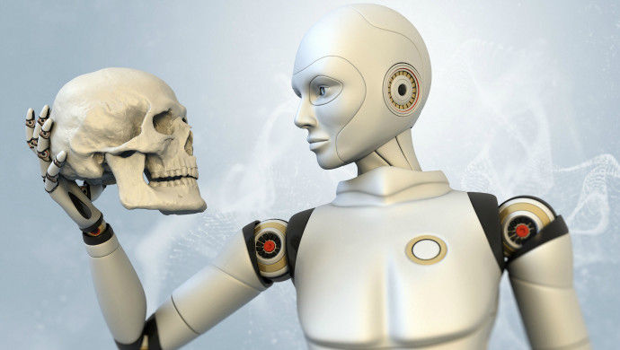 Robot AGI con cráneo humano en la mano robótica